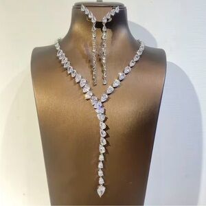 Elegant Silver-Tone Crystal Y Necklace and Drop Earrings Set